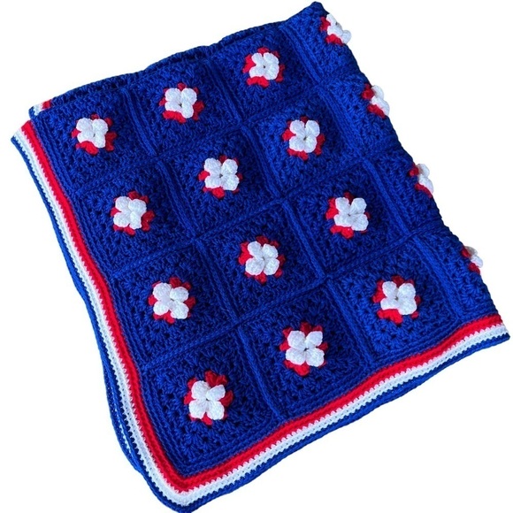 Handmade Patriotic Crochet Afghan 3D Flower Squares Red White Blue Stripe Trim - Picture 1 of 8